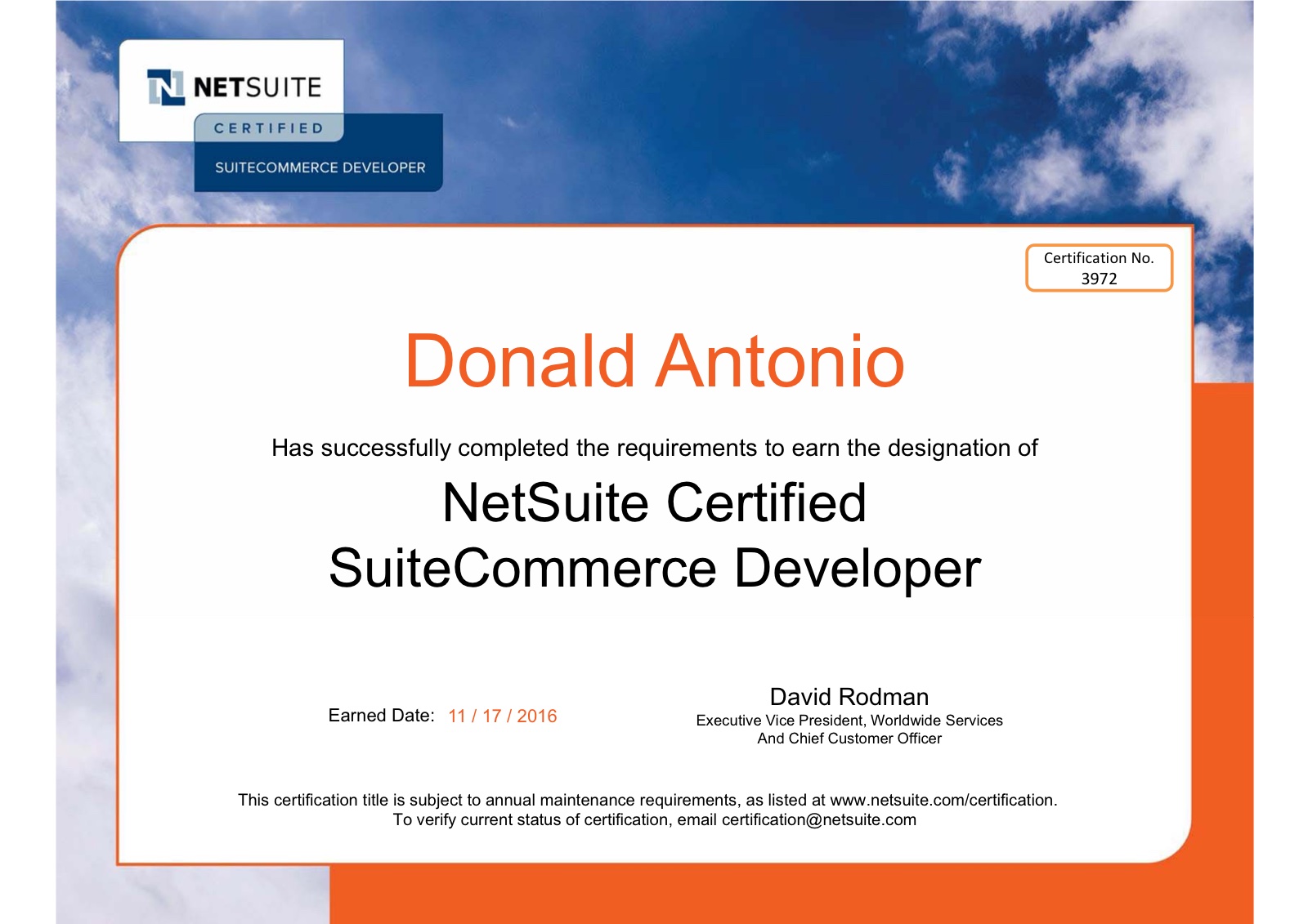 NetSuite Certified SuiteCommerce Developer certificate