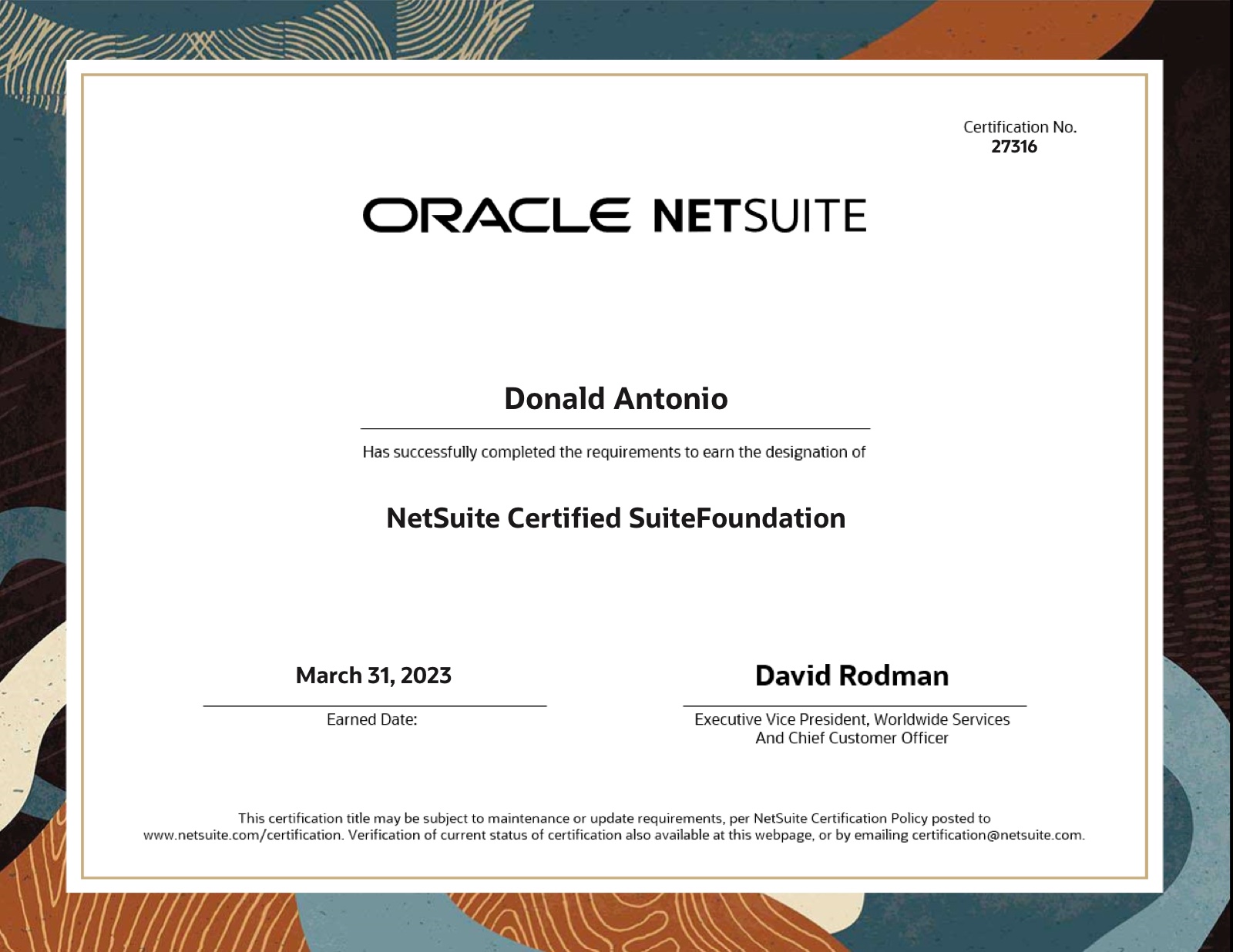 NetSuite Certified SuiteFoundation certificate